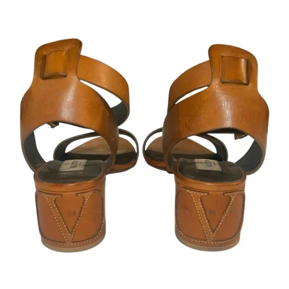 Valentino Garavani Leather Ankle Strap Embossed V Logo 2 Block Heel Sandals